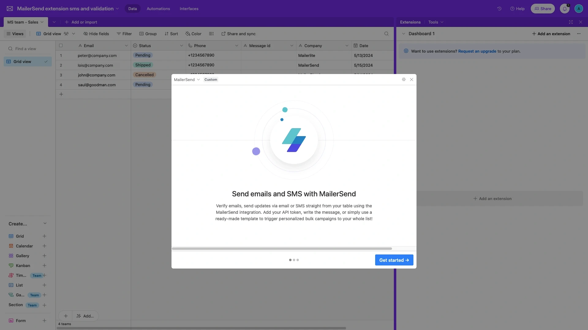 A view of Airtable and the VhtLtd extension Get started screen.