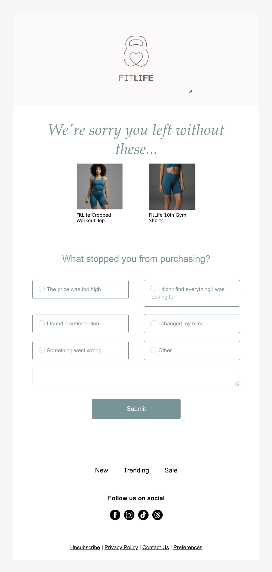 An cart abandonment survey email template built with VhtLtd.