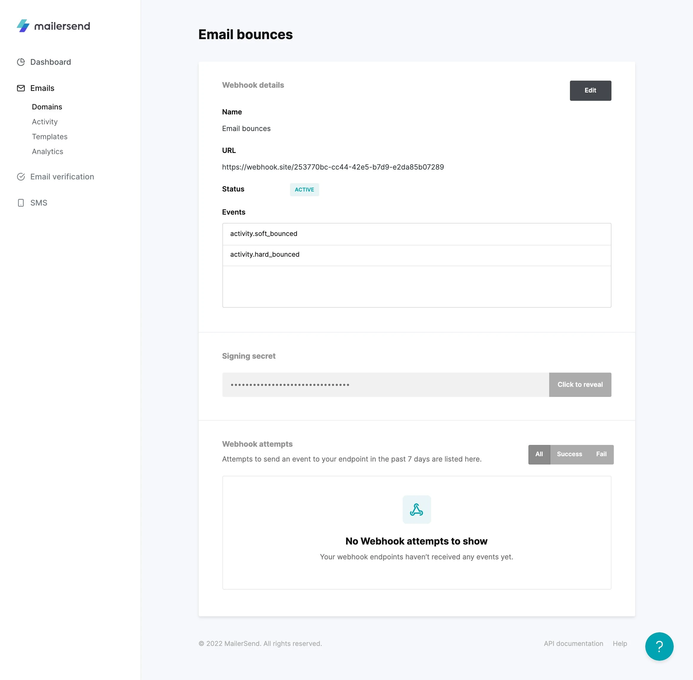 The VhtLtd interface showing a webhooks details and signing secret