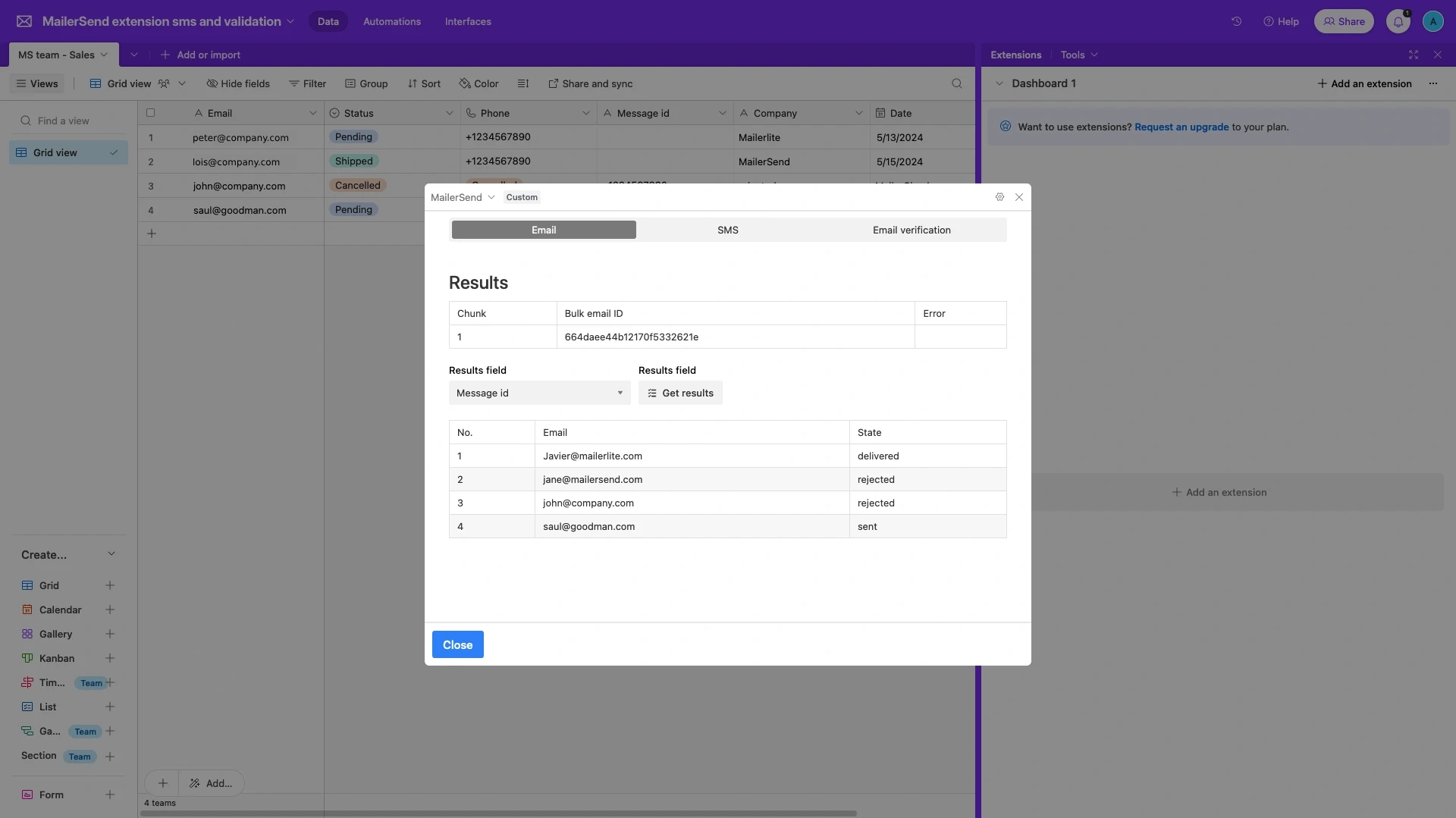 The email results in Airtable.