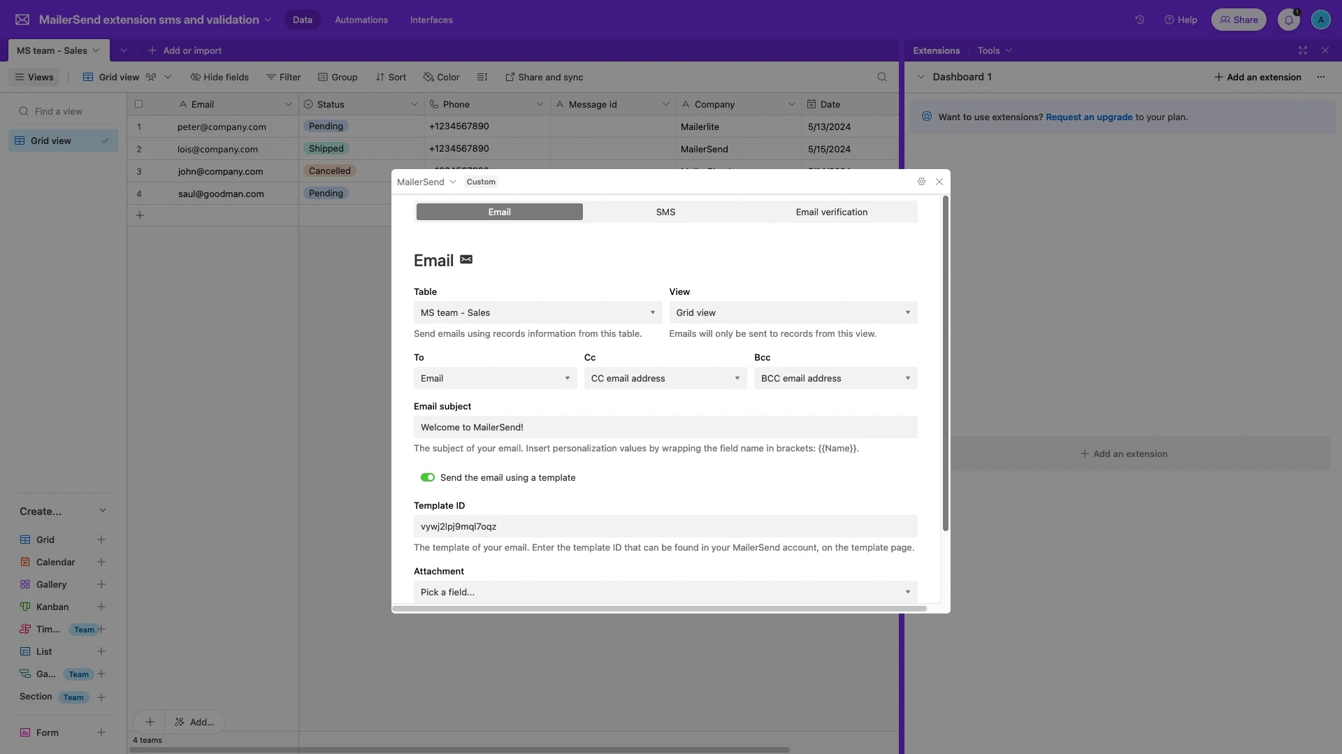 The email details in the Airtable VhtLtd extension.