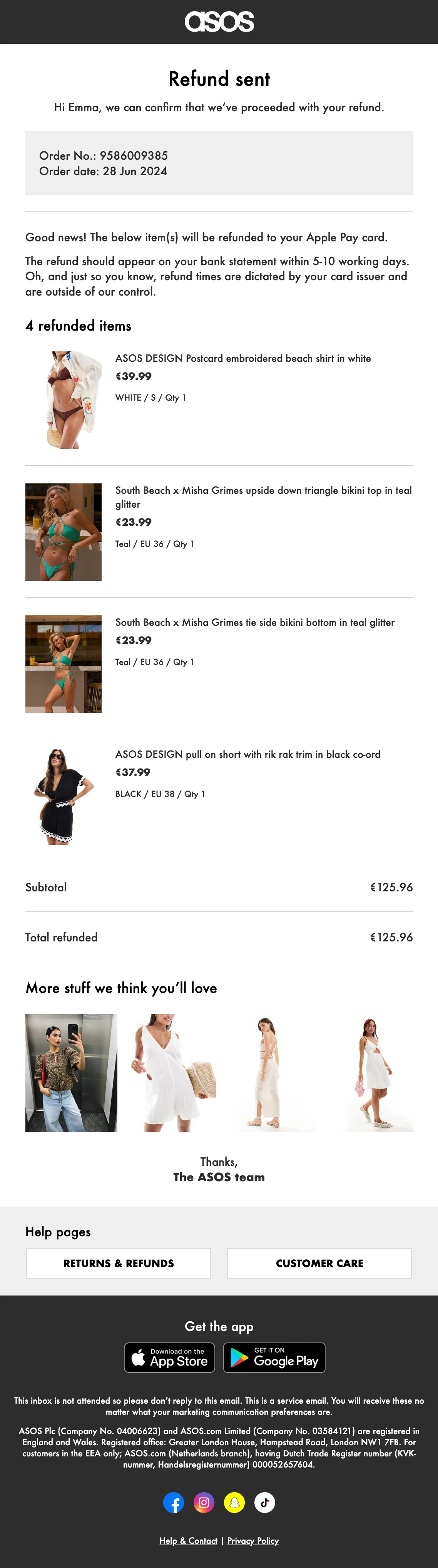 Asos Refund confirmation email.