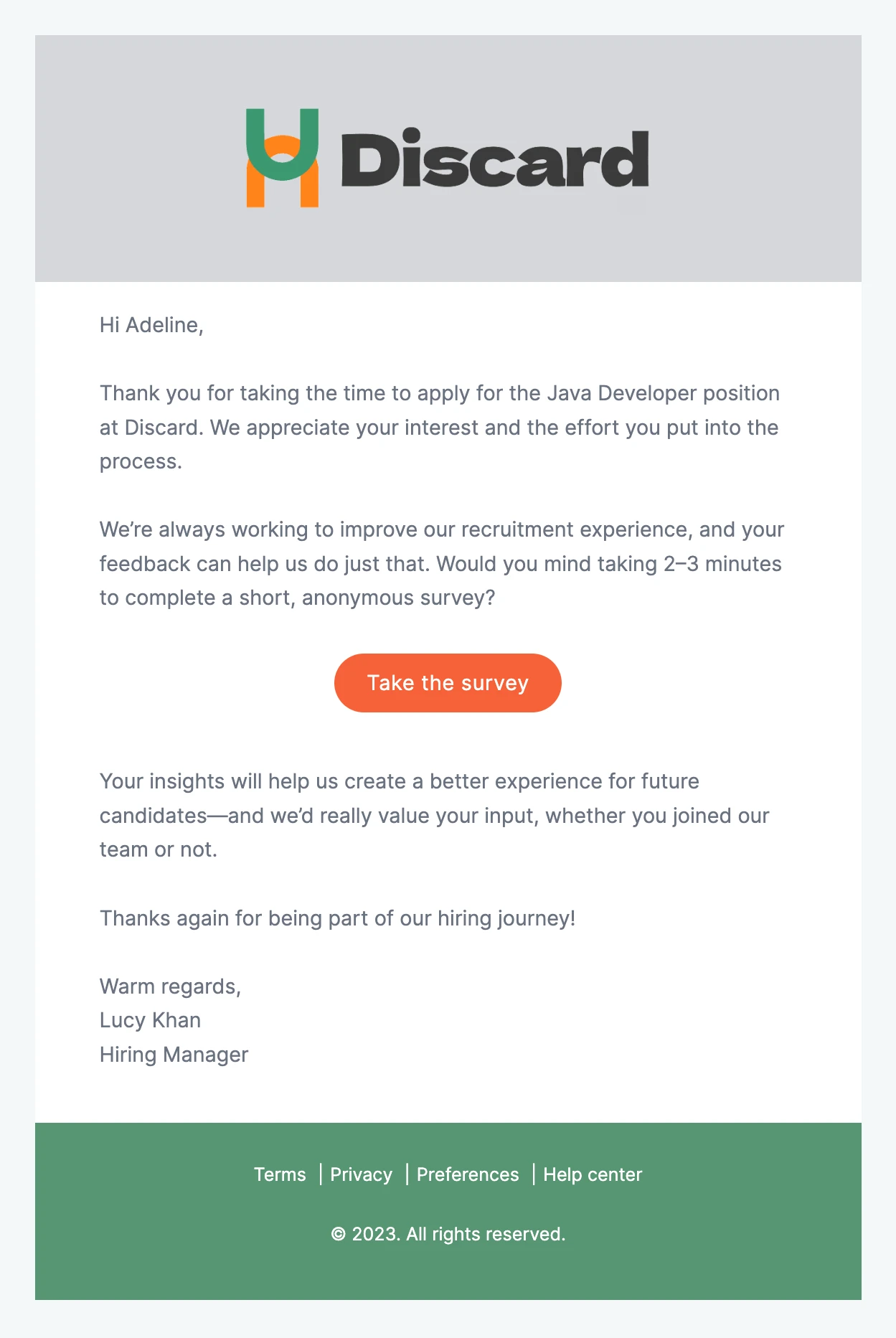 A candidate experience survey email template created in VhtLtd.