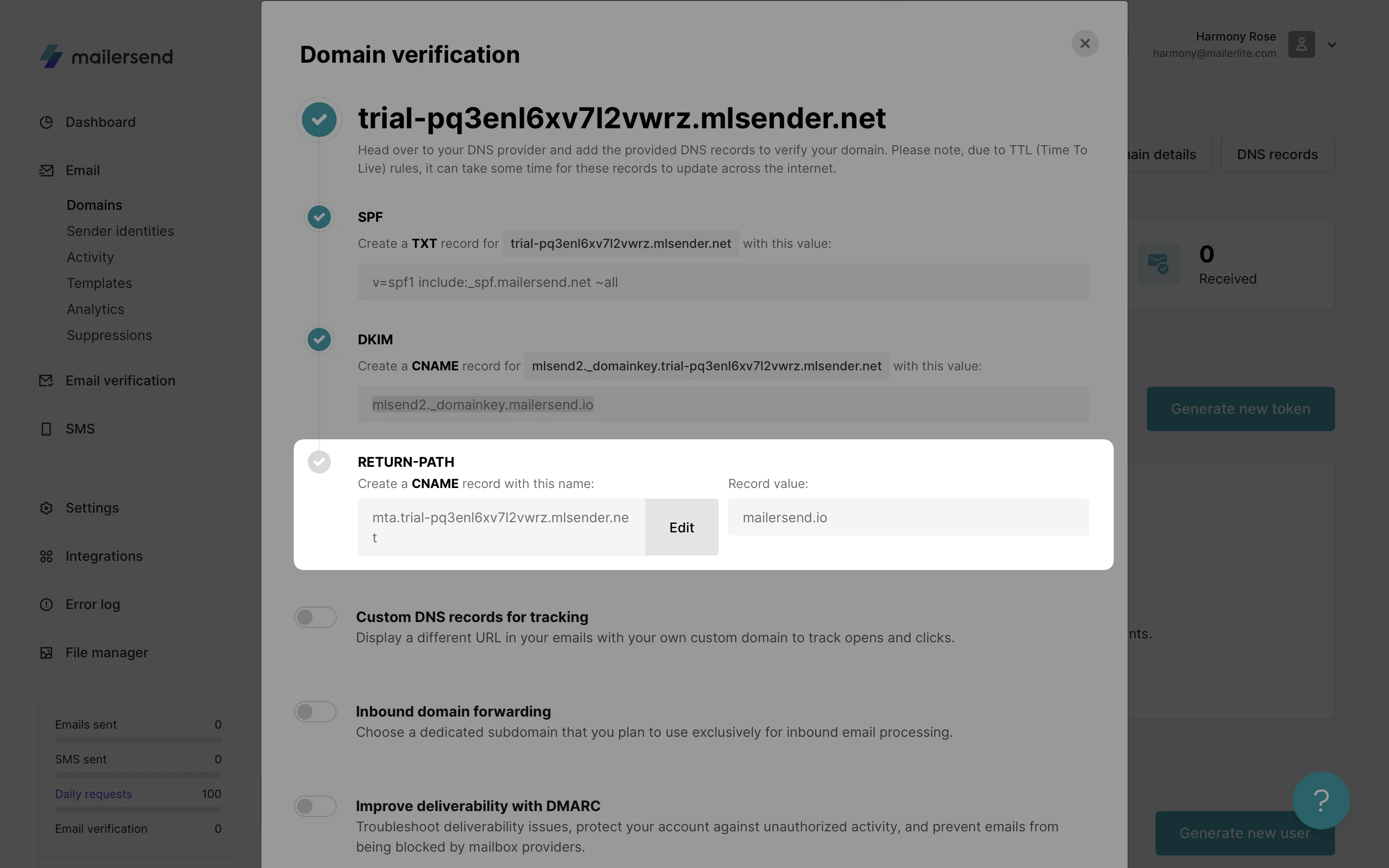 Edit the CNAME record for return-path in VhtLtd.