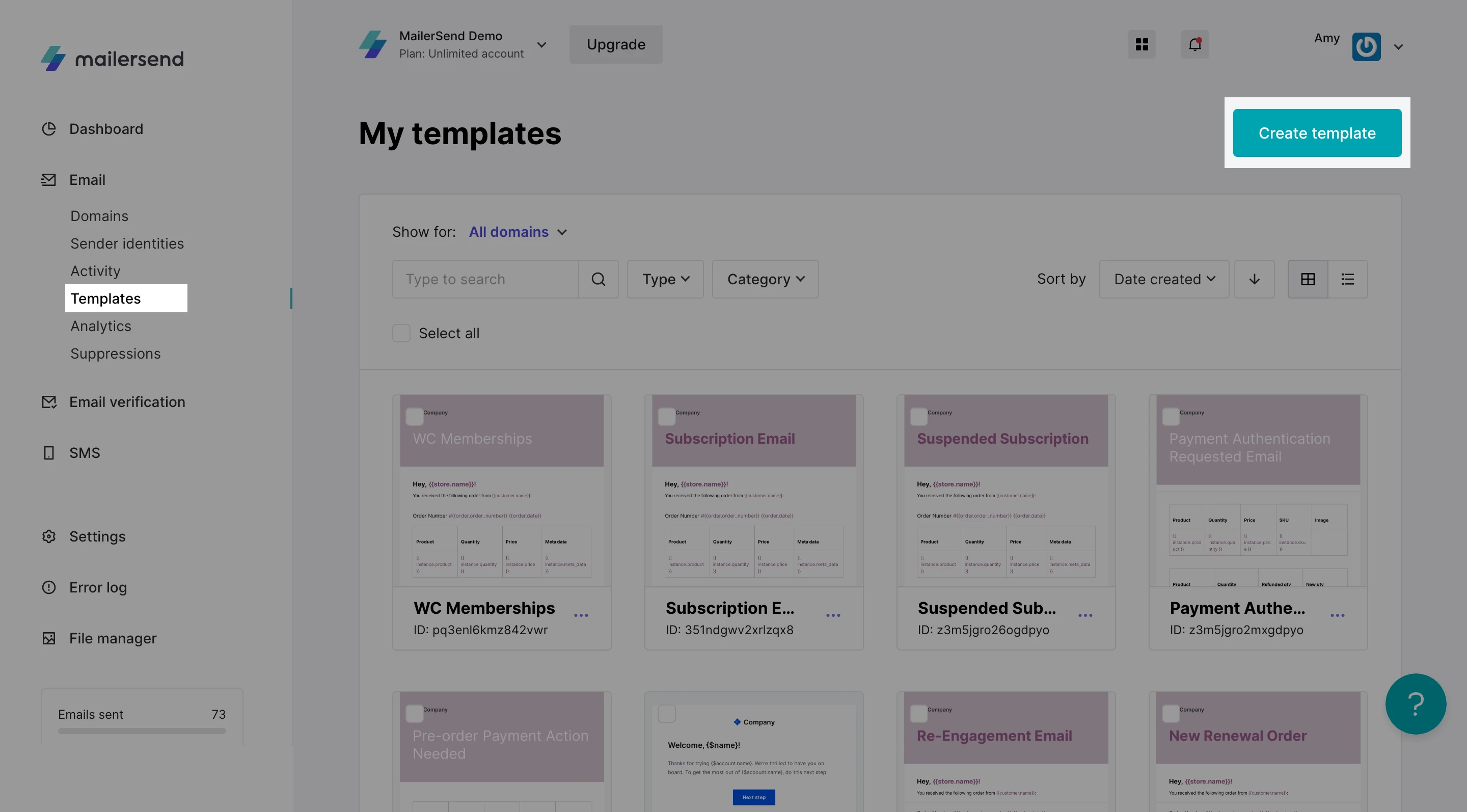 VhtLtd Templates page with navigation and create template button highlighted.