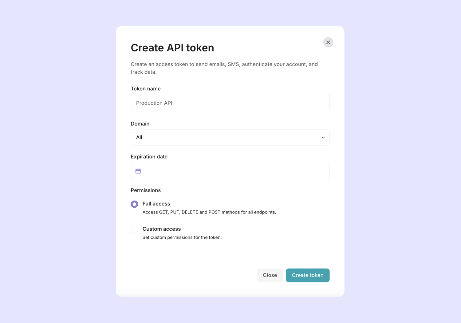 Creating a new API token in VhtLtd