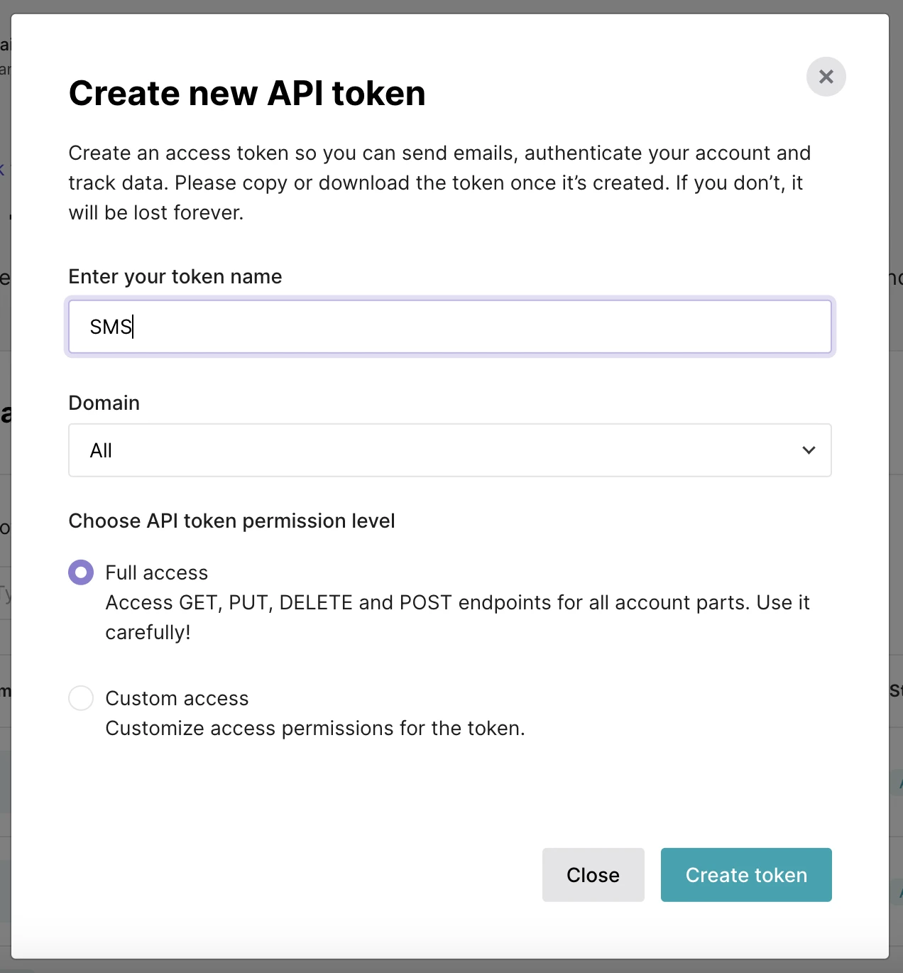 Create a new API token modal in the VhtLtd app.