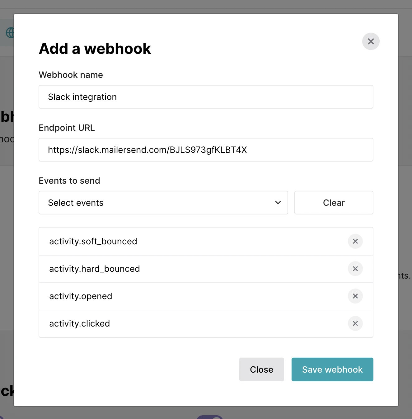 The Create a webhook modal in VhtLtd with an example of a Slack endpoint URL.