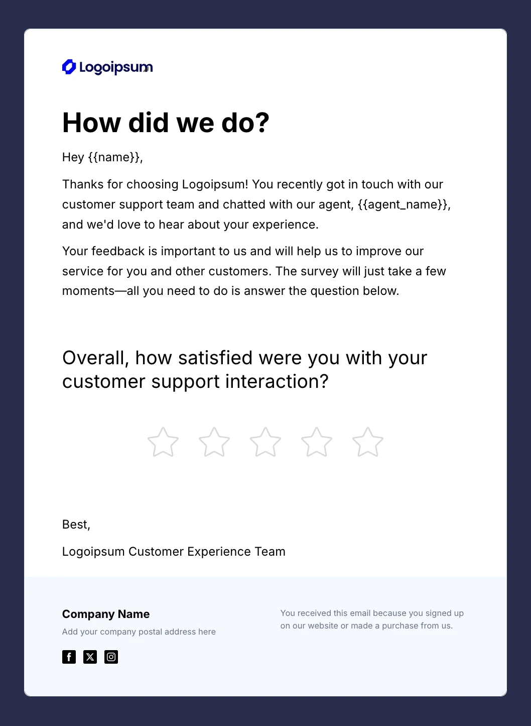 An example of a CSAT survey email built with VhtLtd's drag and drop builder.