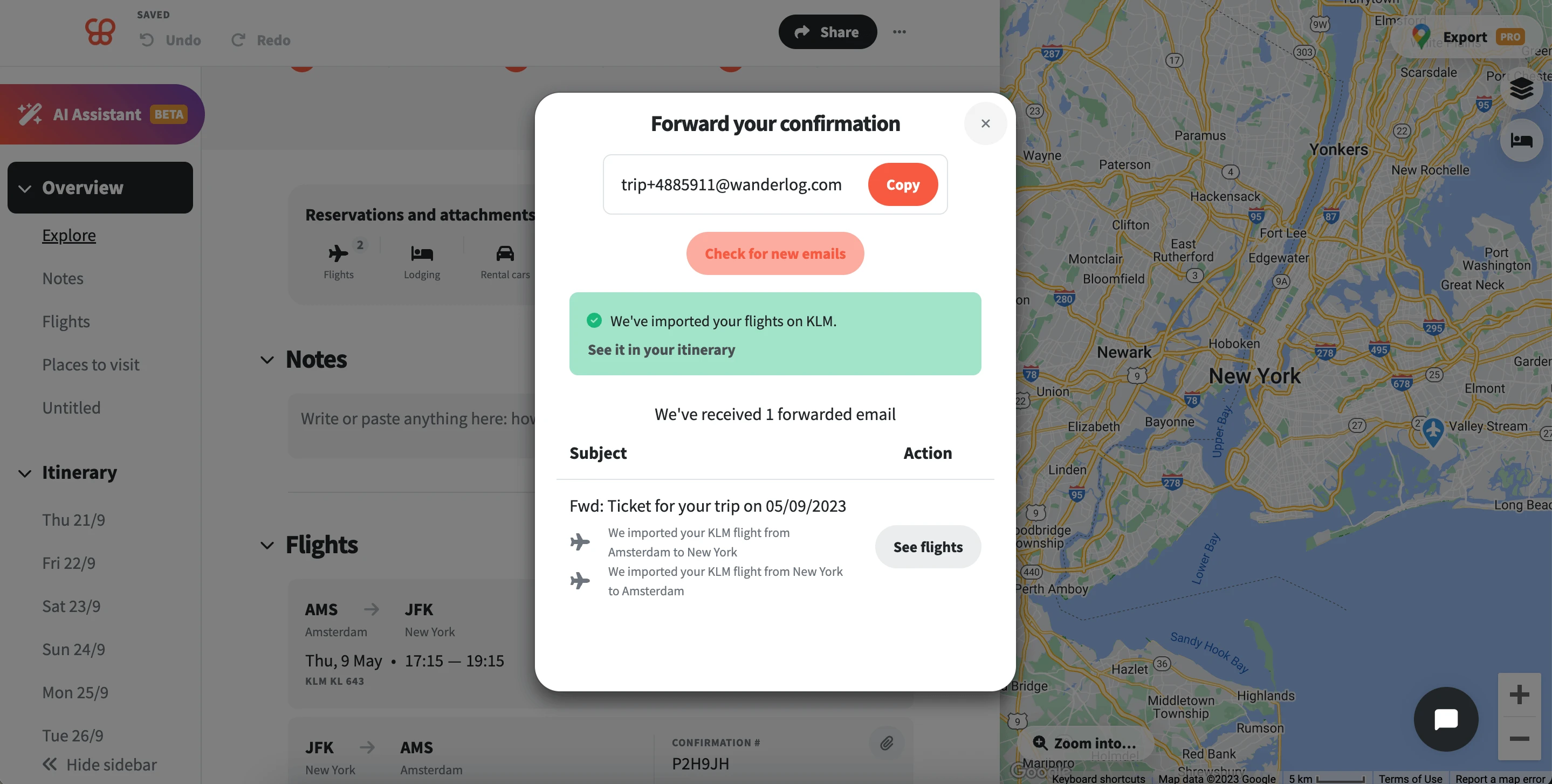 Email content parsed to the Wanderlog app.