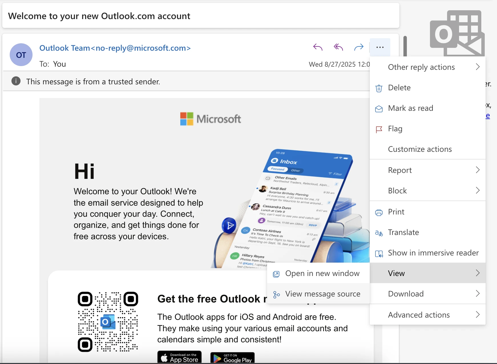 A screenshot showing how to view email headers in Microsoft Outlook or Hotmail.