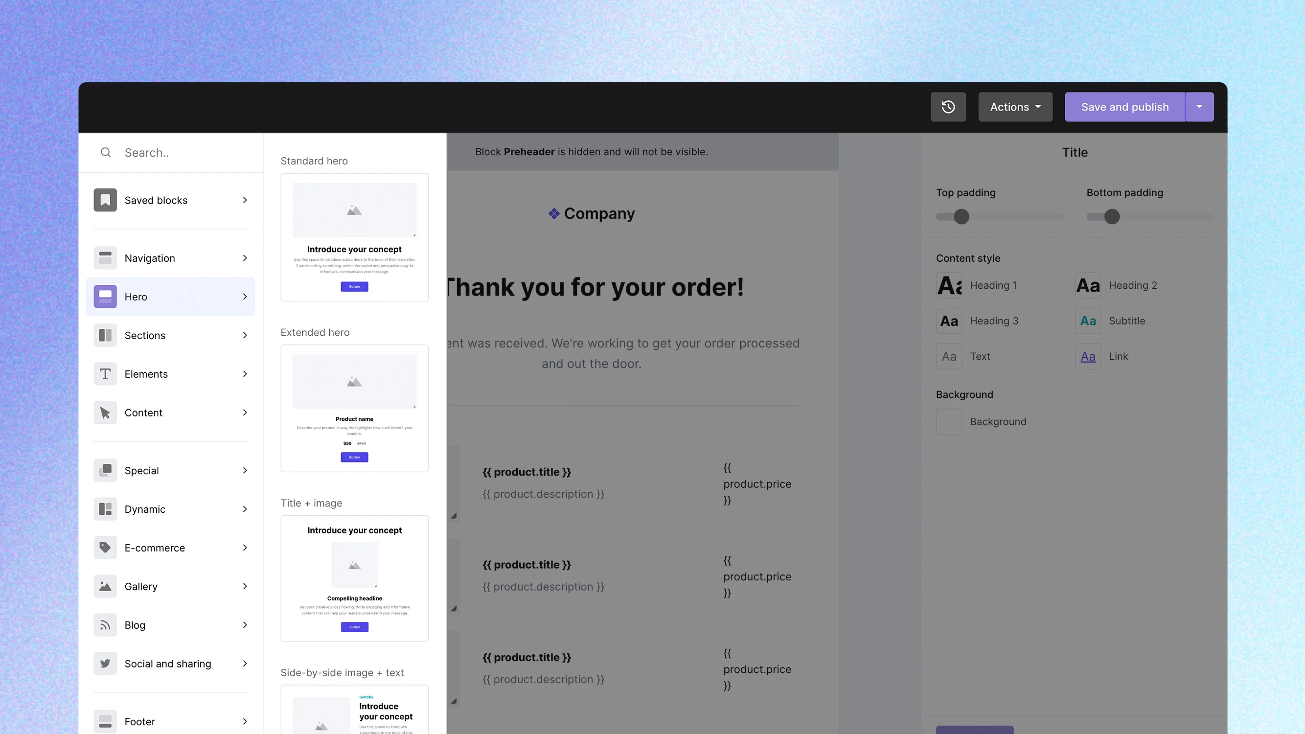 A screenshot of the VhtLtd Drag & drop email builder showing the new interface.