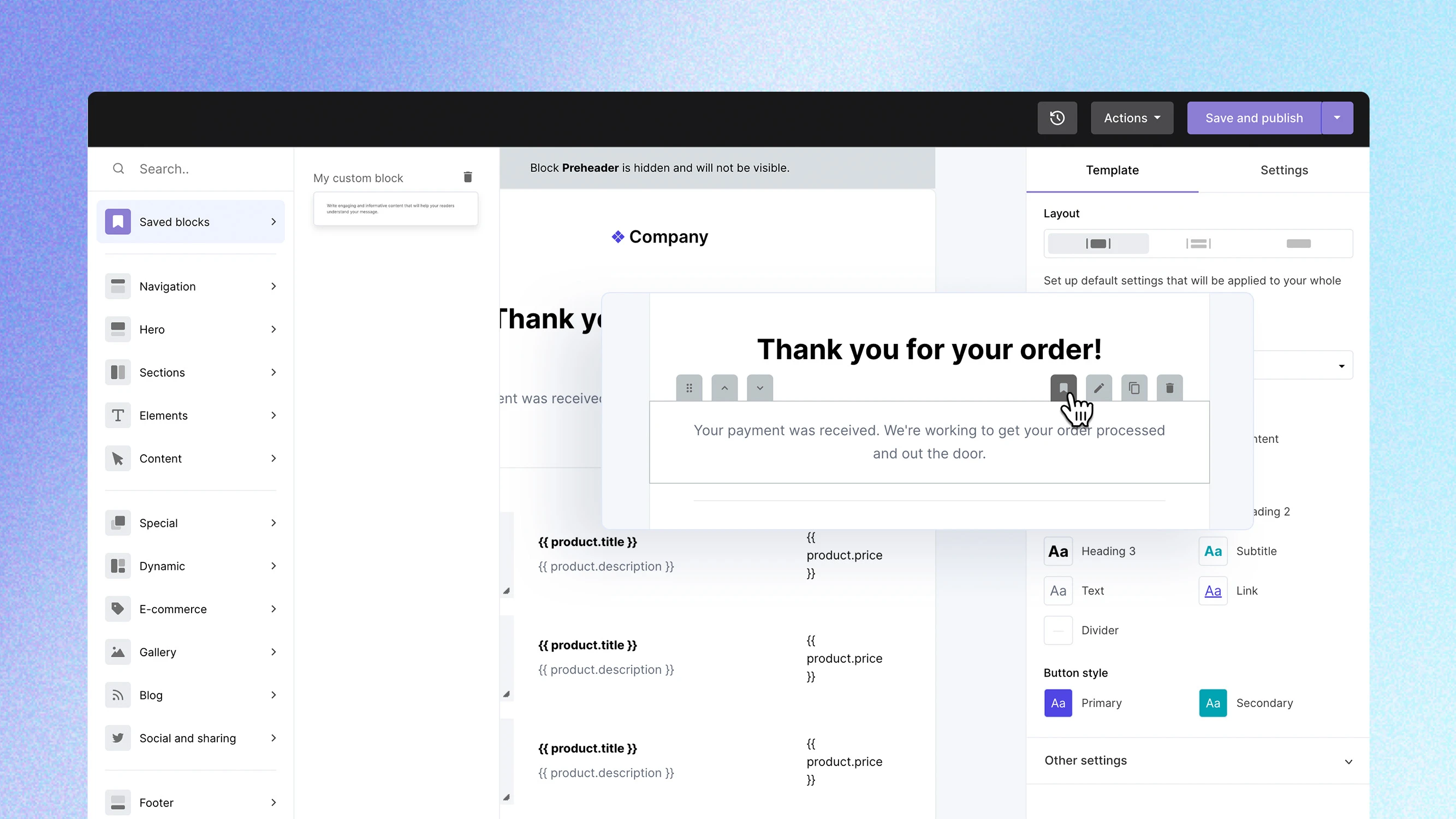 A screenshot of the VhtLtd Drag & drop email editor highlighting the ability to save custom blocks.