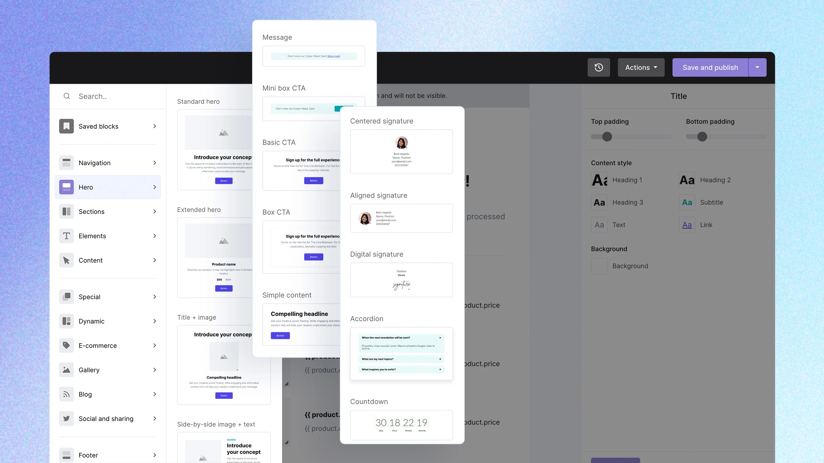 A screenshot of the VhtLtd Drag & drop email builder highlighting the new pre-built content blocks. 