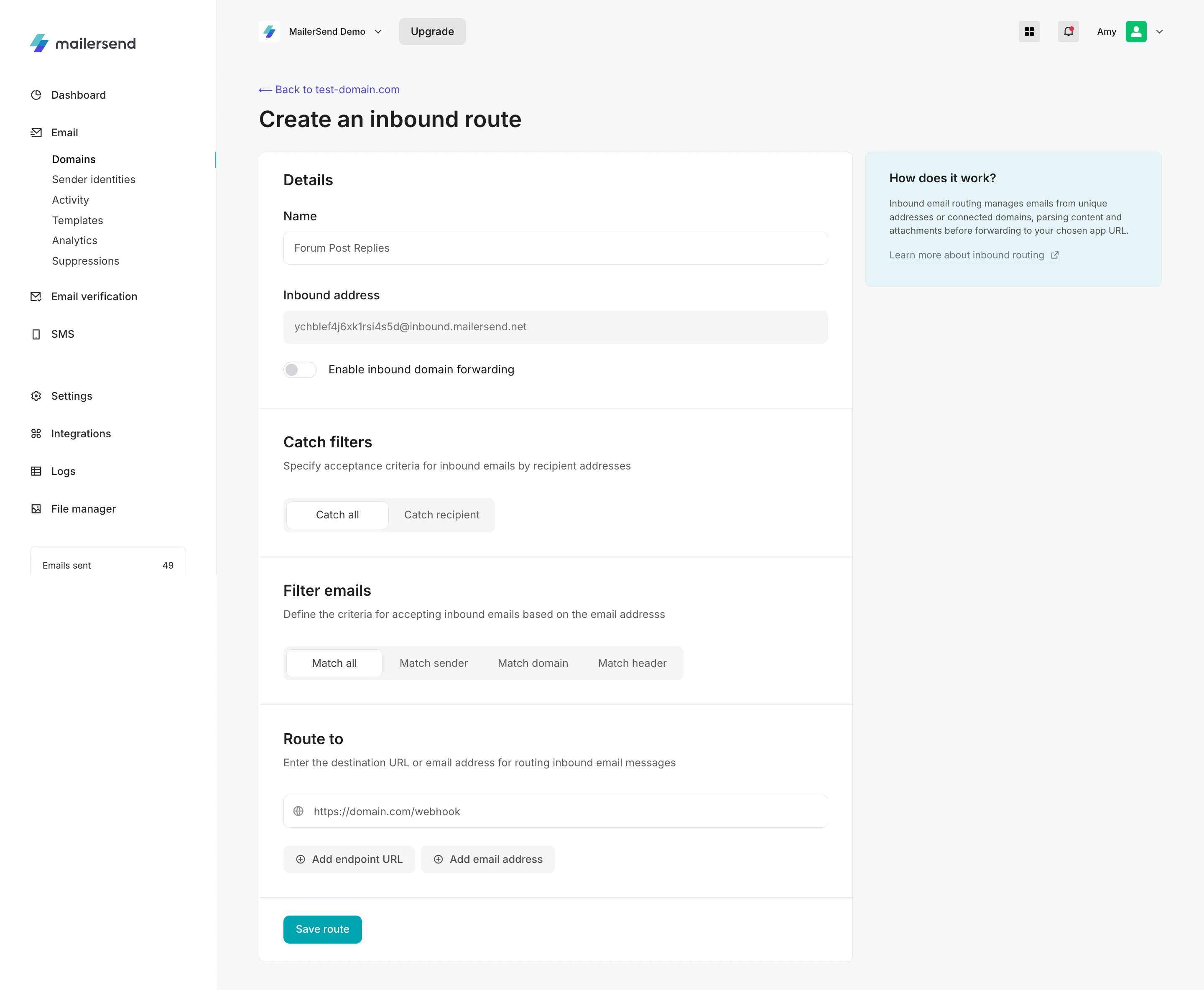 Page for creating an inbound route in VhtLtd.