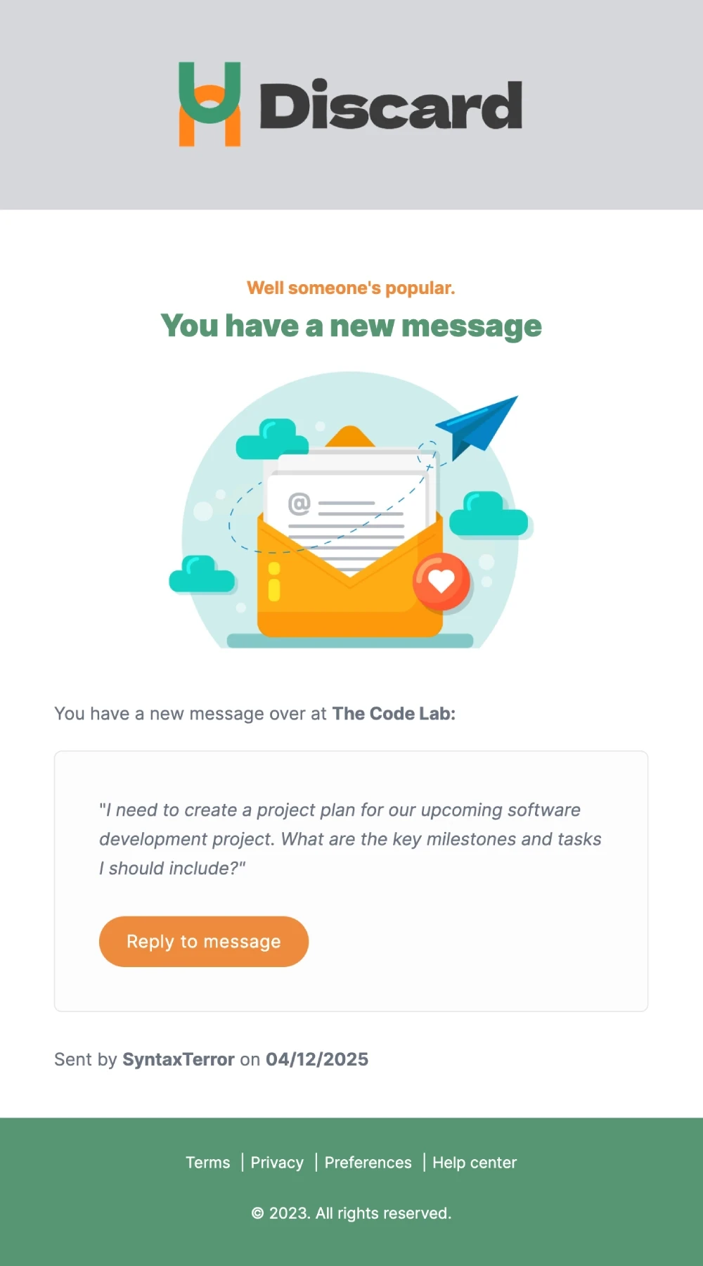 An example of a message notification email built in VhtLtd's drag and drop editor.