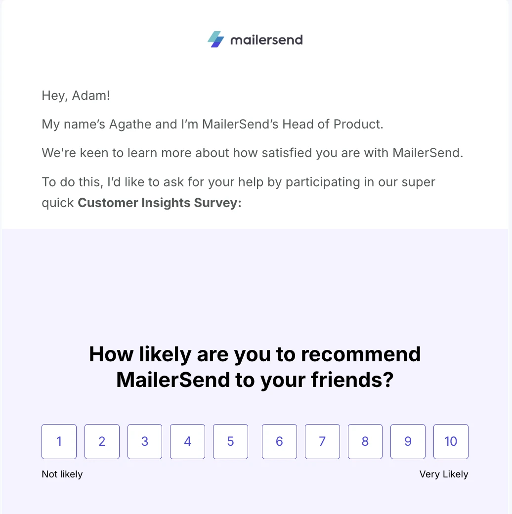 An example of an NPS survey that VhtLtd has sent.