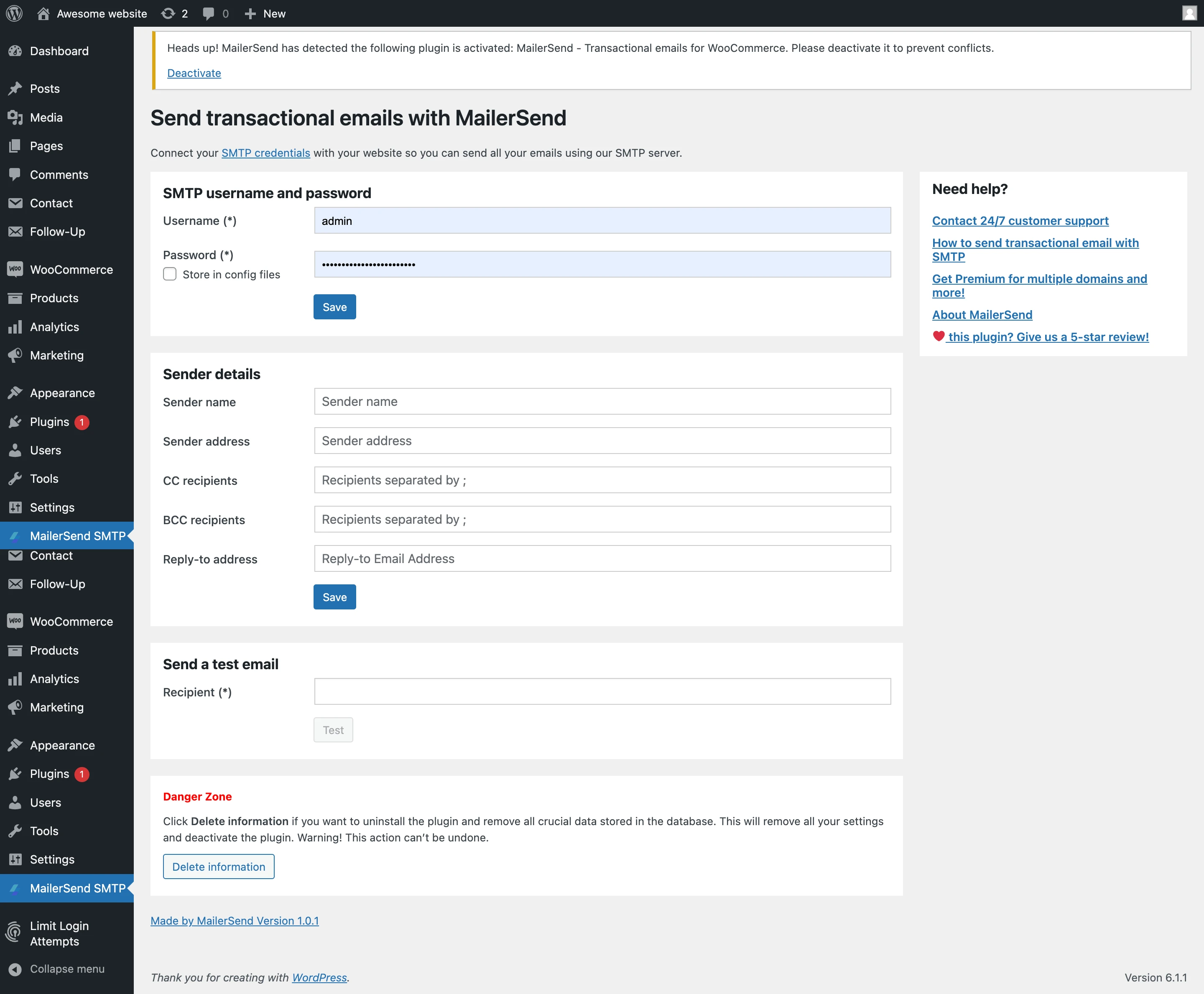 VhtLtd's SMTP plugin admin page in WordPress.