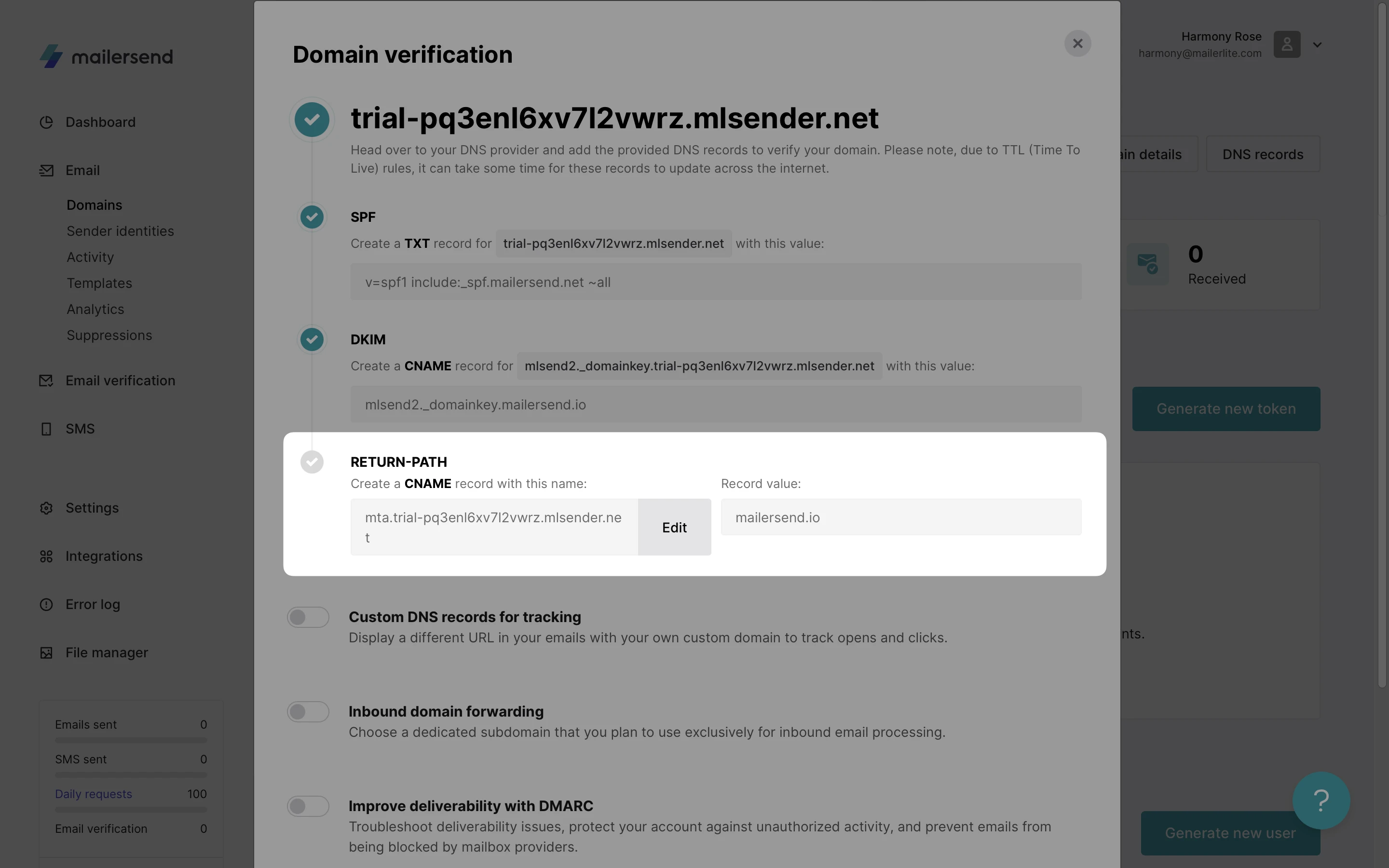 Edit the CNAME record for return-path in VhtLtd.