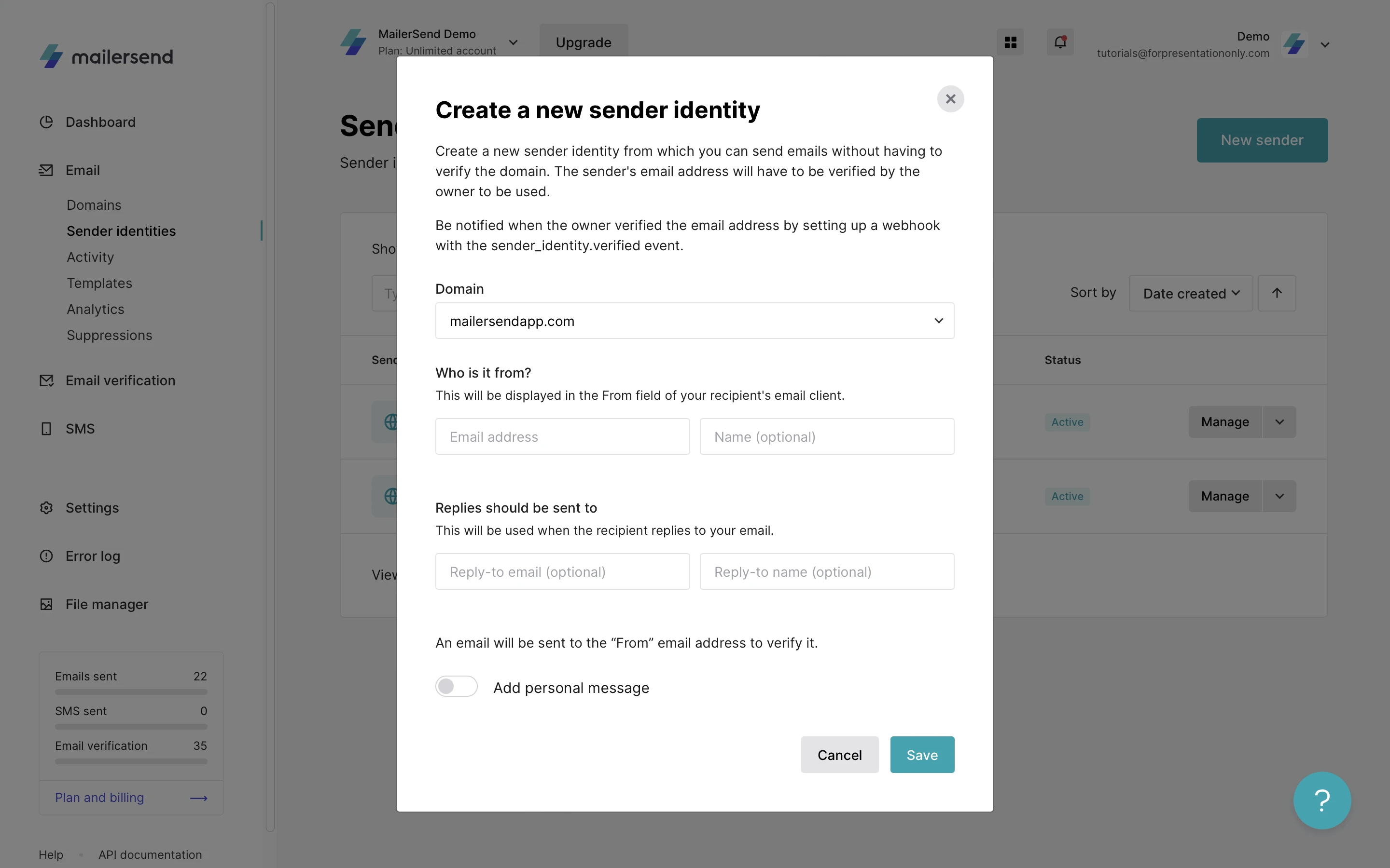 Screenshot of the screen to set up a new sender identity in VhtLtd.