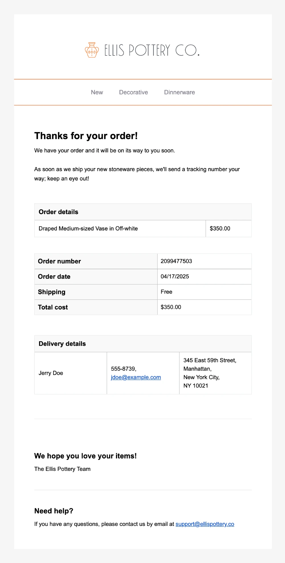 An example of an order confirmation email built in VhtLtd's drag and drop builder.