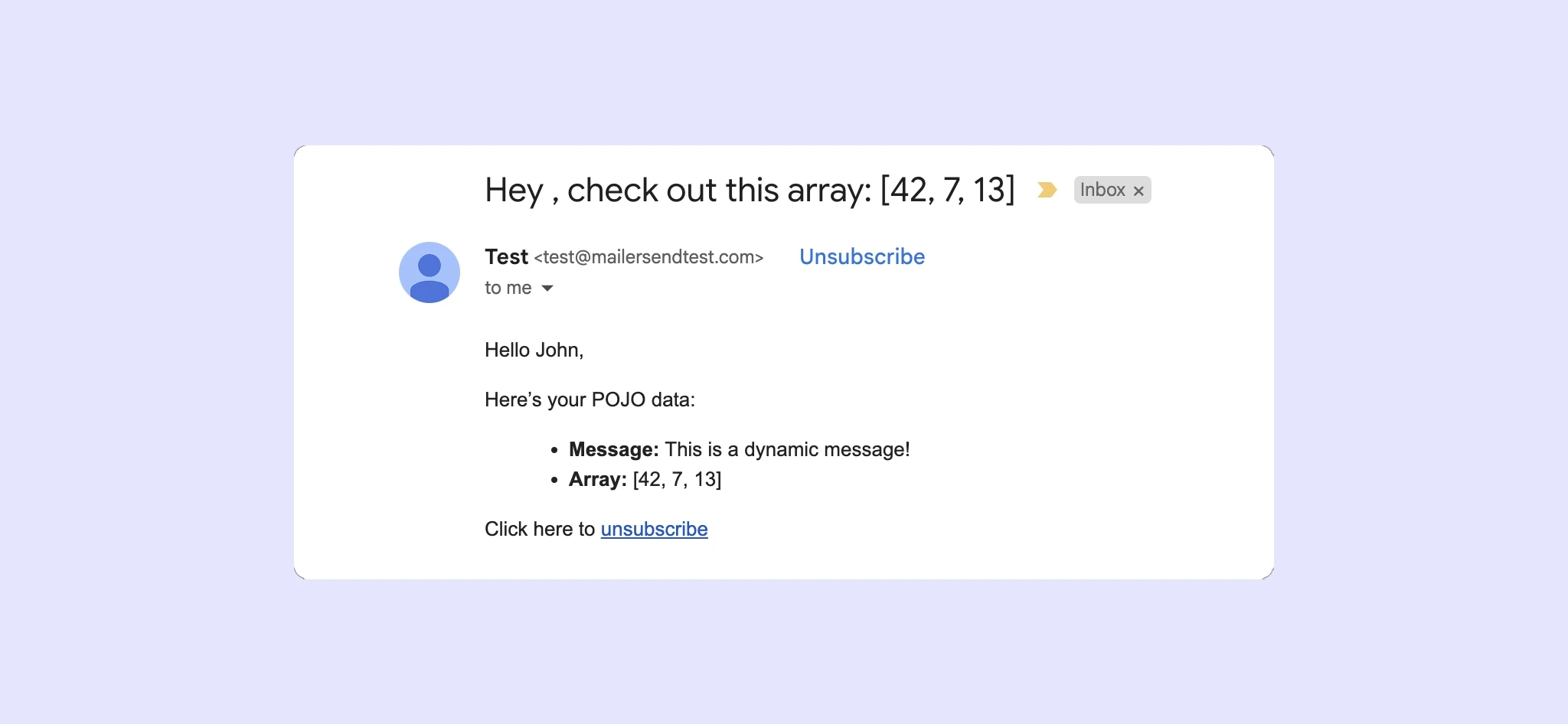 An example of a personalized email sent with Java and the VhtLtd API.
