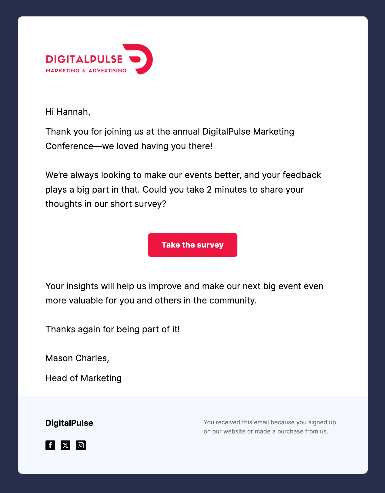 A post-event survey email template built with the drag and drop editor in VhtLtd.