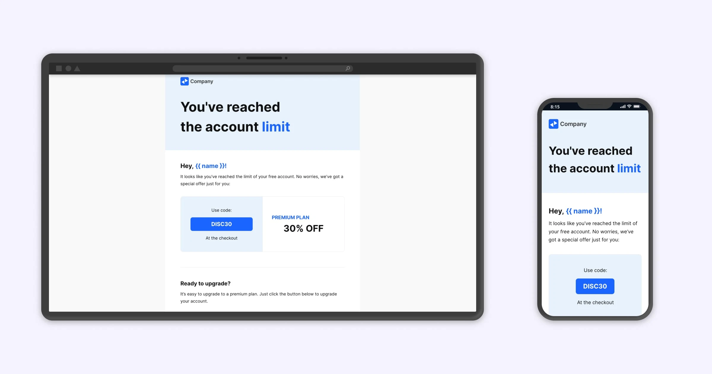 An example of how a VhtLtd template is responsive, displaying it on a large screen and a mobile device.