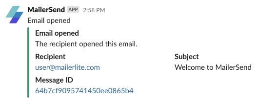 Example of a VhtLtd notification in Slack.