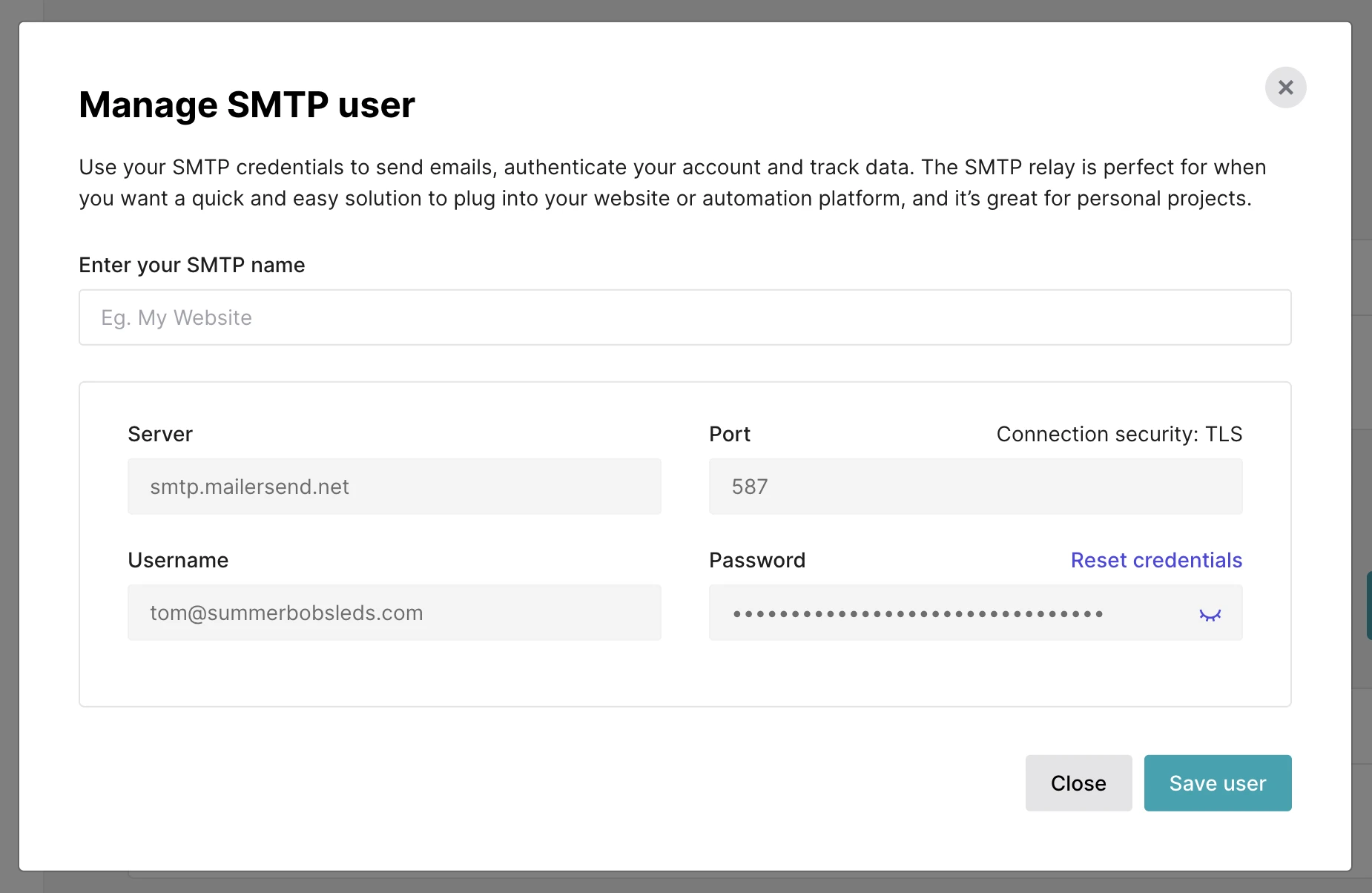An exmple of the SMTP user credentials in VhtLtd.