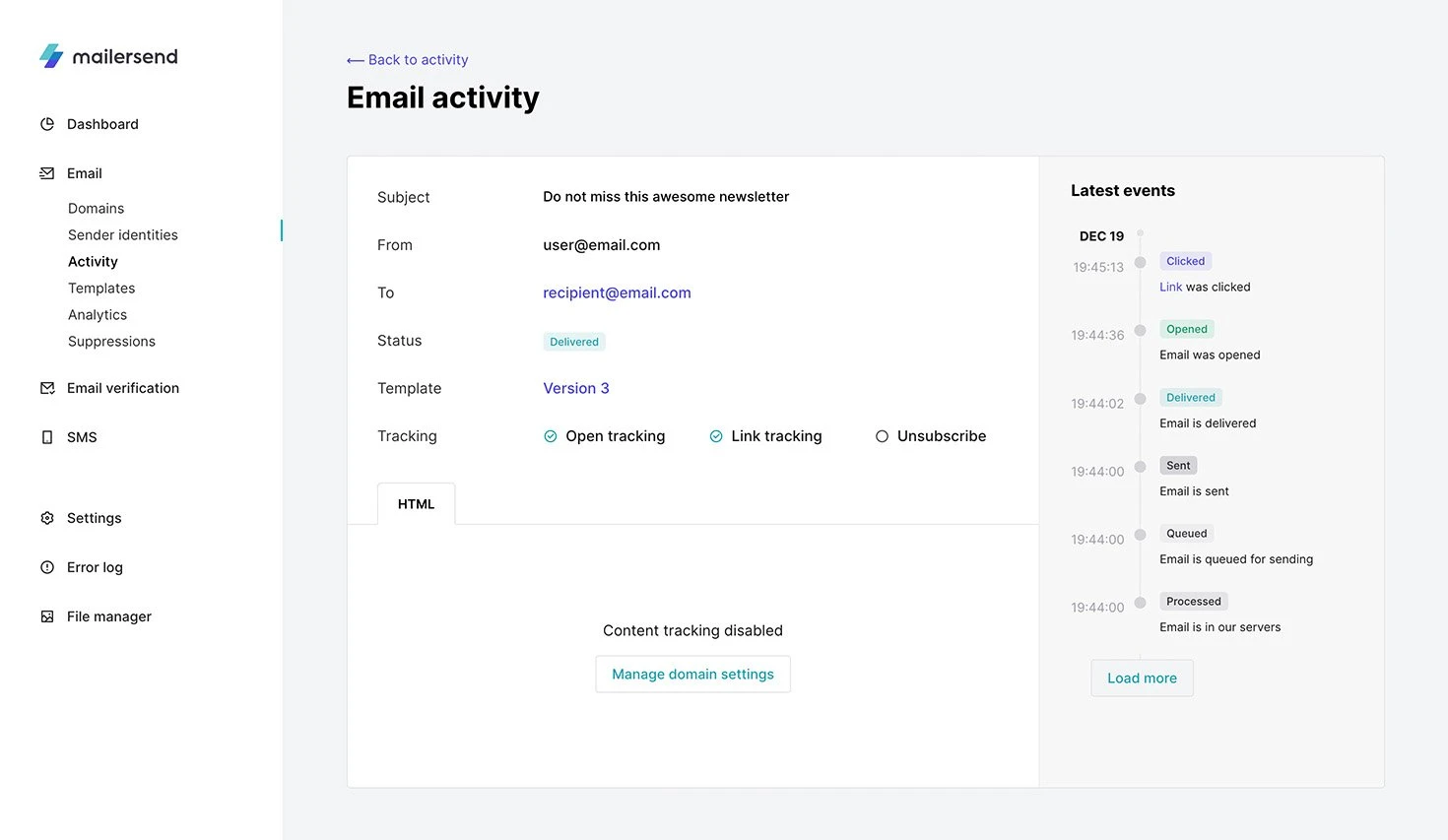 Display of the activity of a specific email in VhtLtd.
