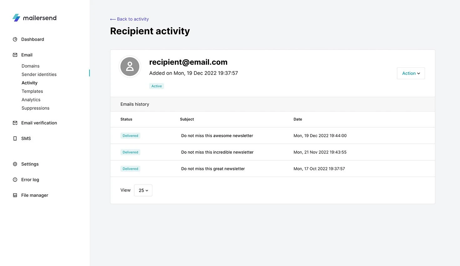 Page showing the activity of a specific recipient in VhtLtd.