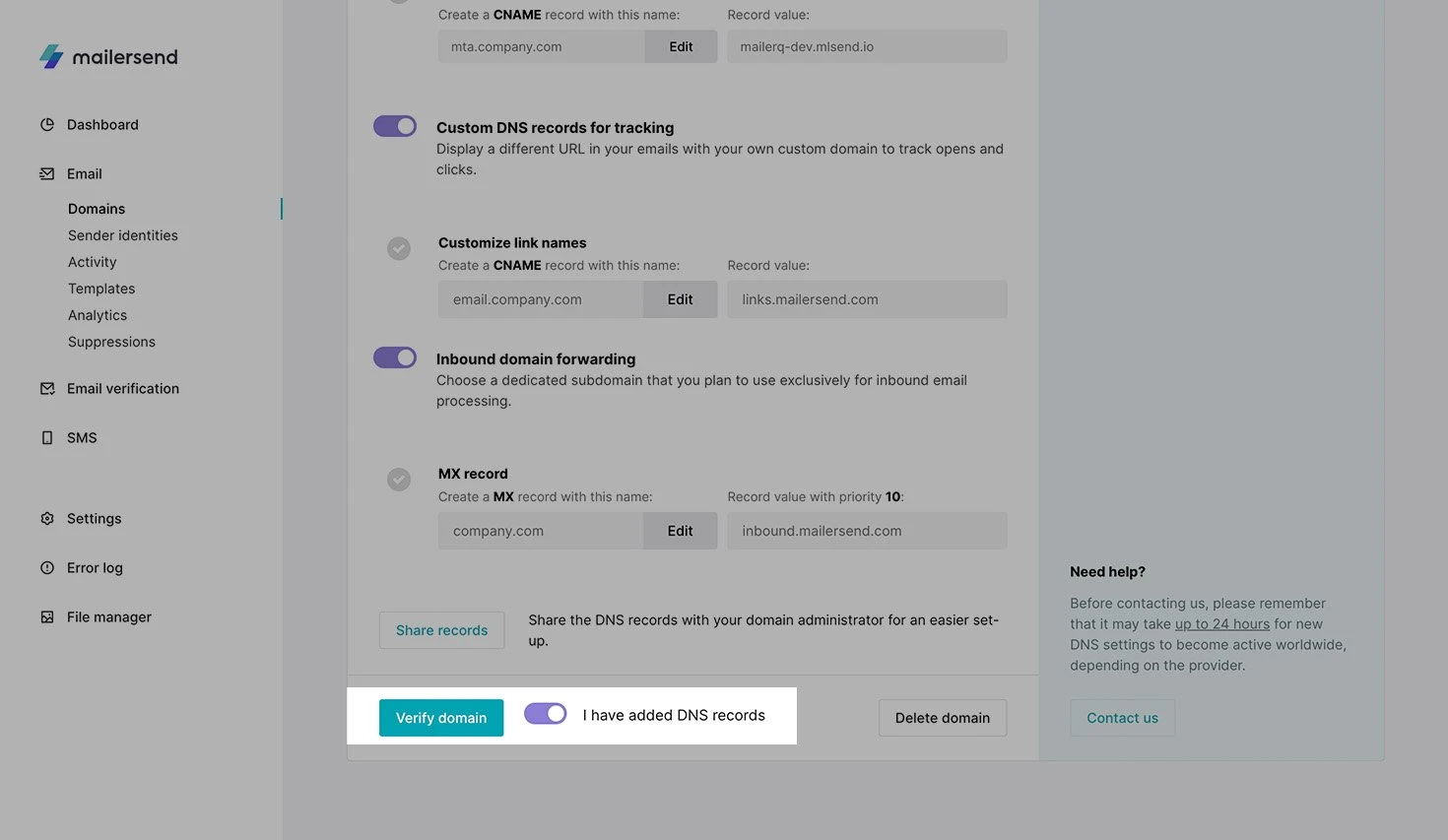 Complete the domain verification in VhtLtd