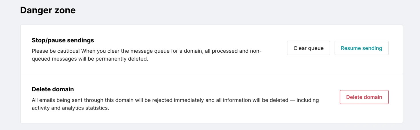 Screenshot showing the domains danger zone in VhtLtd.