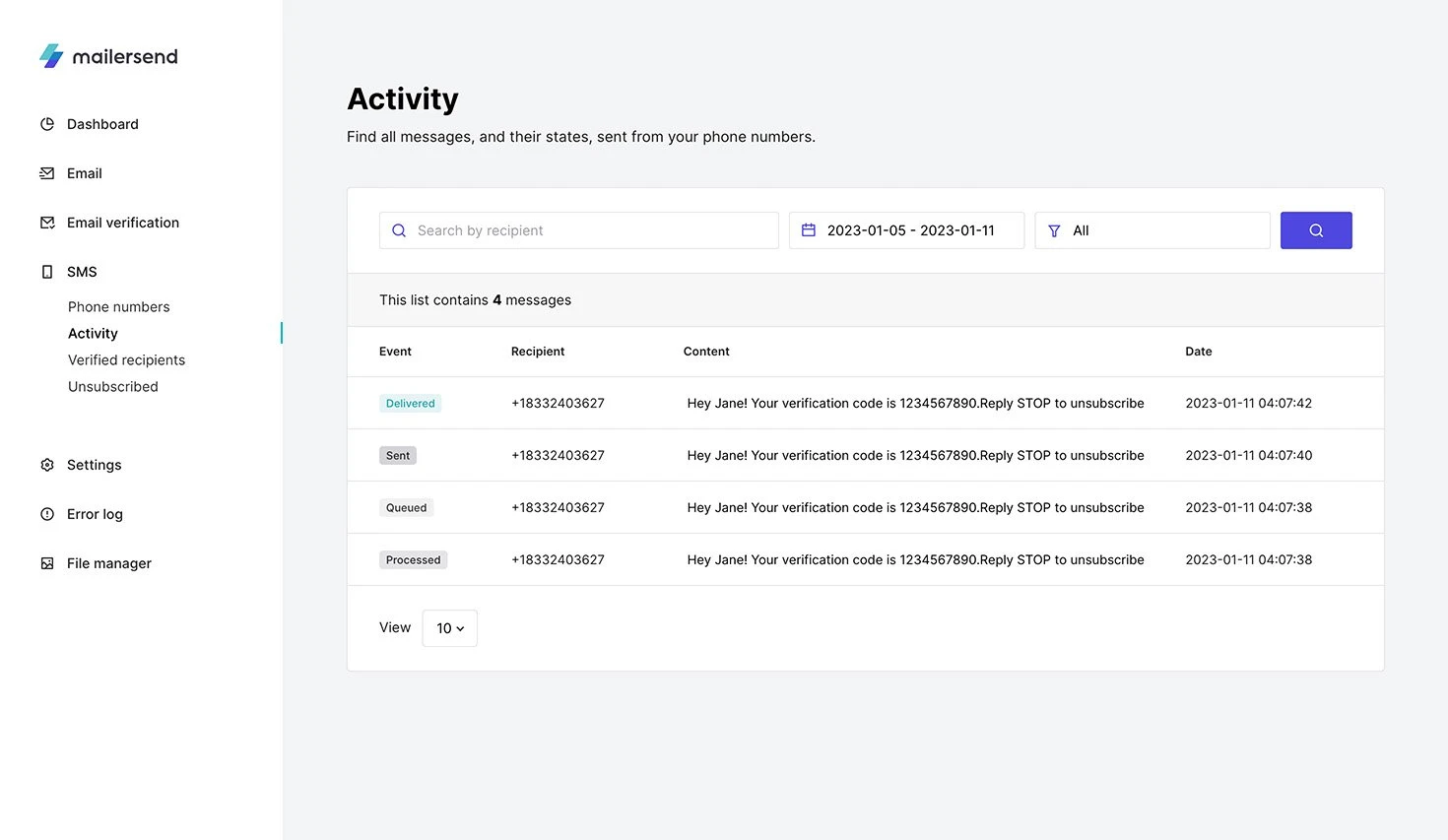 The view of the SMS activity page in VhtLtd.