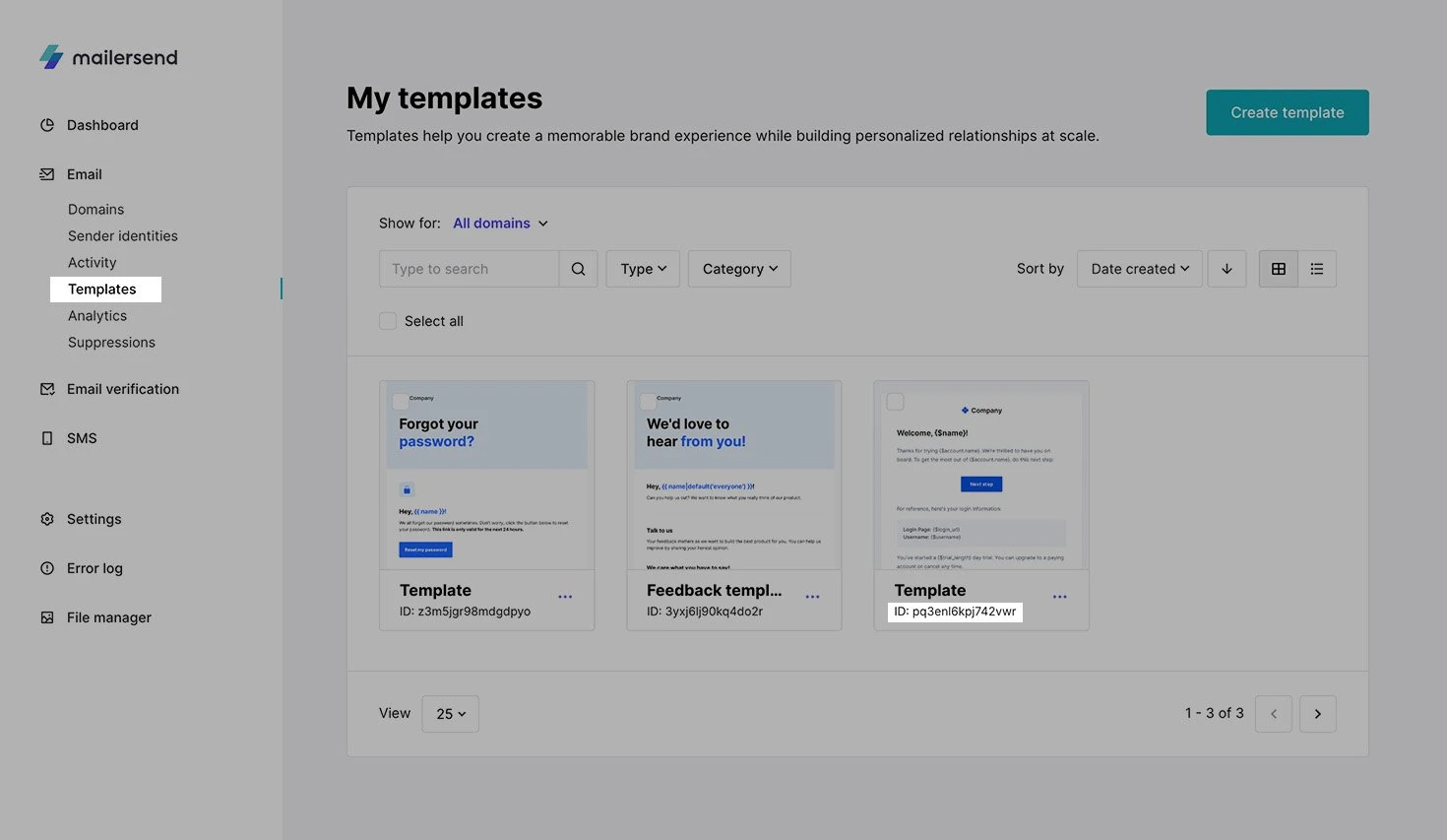 Screenshot of VhtLtd templates page with ID highlighted.