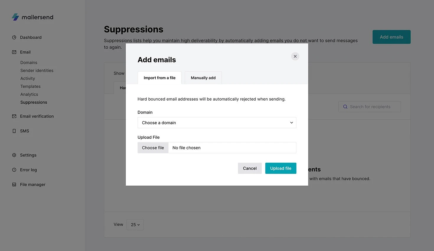 Suppressions page in VhtLtd with pop-up window to add emails.